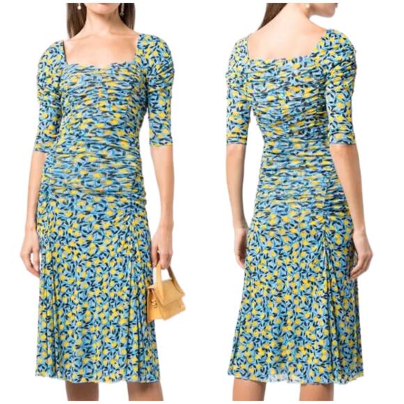 Diane von Furstenberg NWOT Dacey Lemon Gathered Dress Size XS Half Sleeve Ruched - Picture 2 of 13